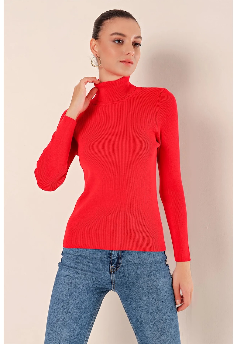 Pulover dama - BigDart - guler inalt - nervuri - acril - Rosu -