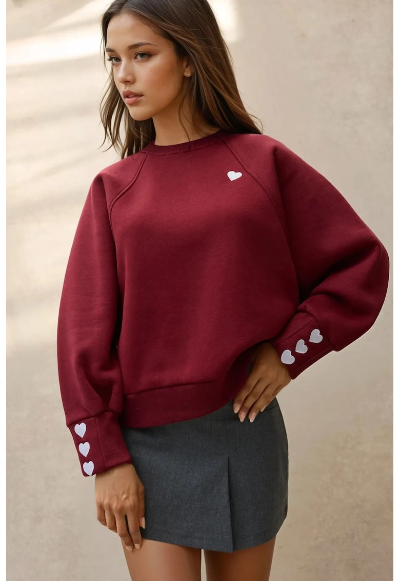 Hanorac dama  brodat - visiniu - tricot - croiala lejera