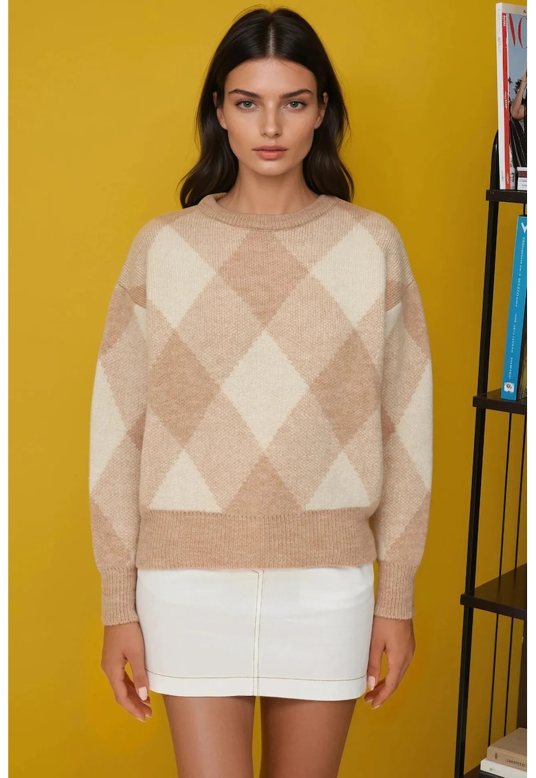 Pulover dama  guler rotund - model in romburi - tricot - Roz pal -
