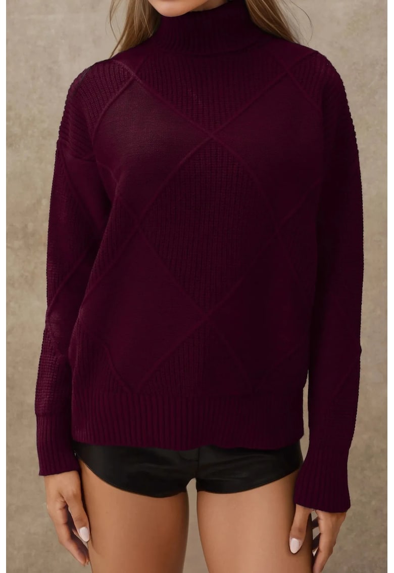 Pulover dama -  tricot - cu guler - Rosu Burgund -