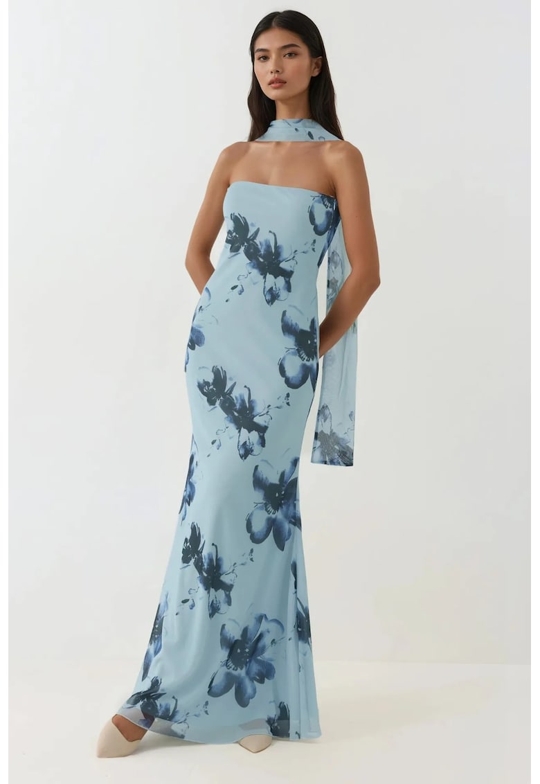 Rochie maxi mulata  imprimeu floral - albastru glaciar - tul