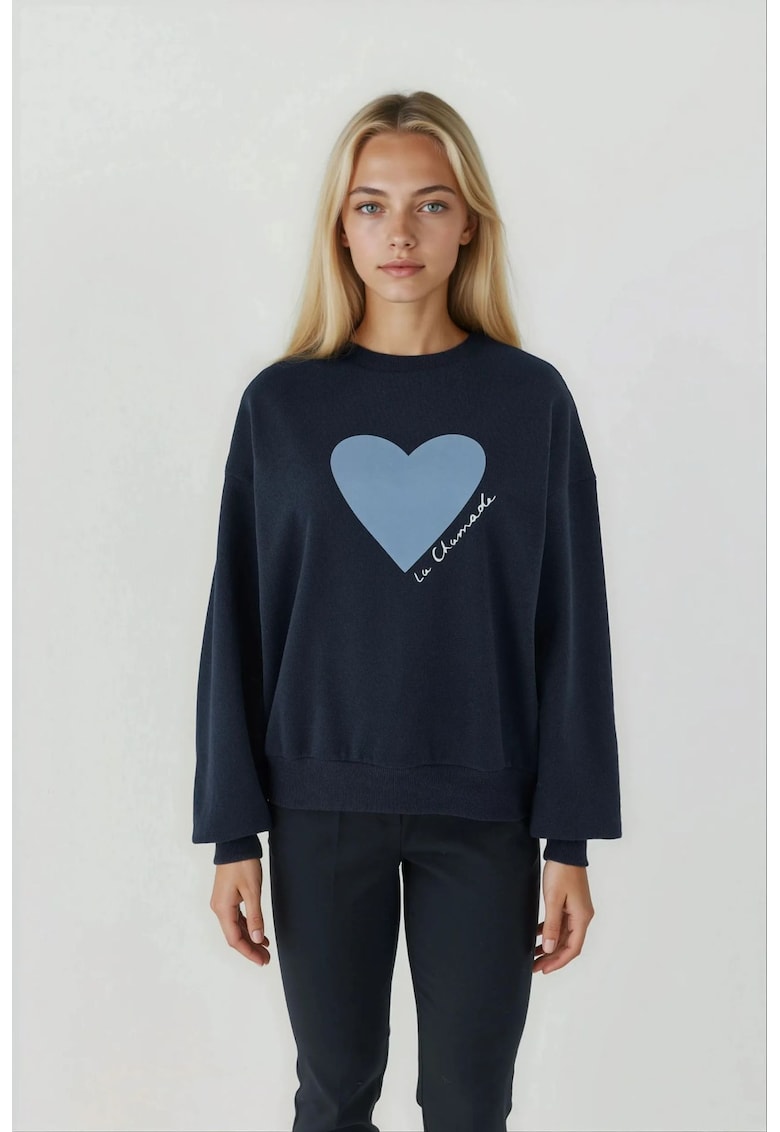 Hanorac dama  cu guler rotund - imprimeu - bleumarin - tricot