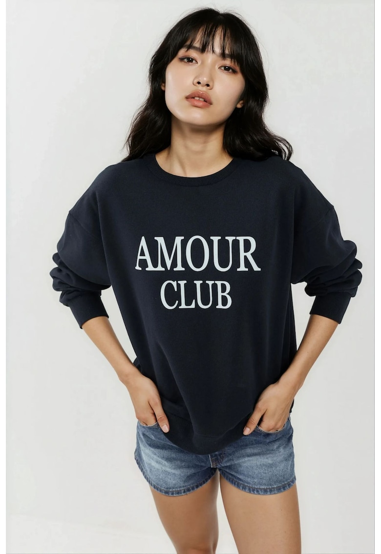Hanorac dama  imprimeu - guler rotund - croiala lejera - albastru inchis - tricot