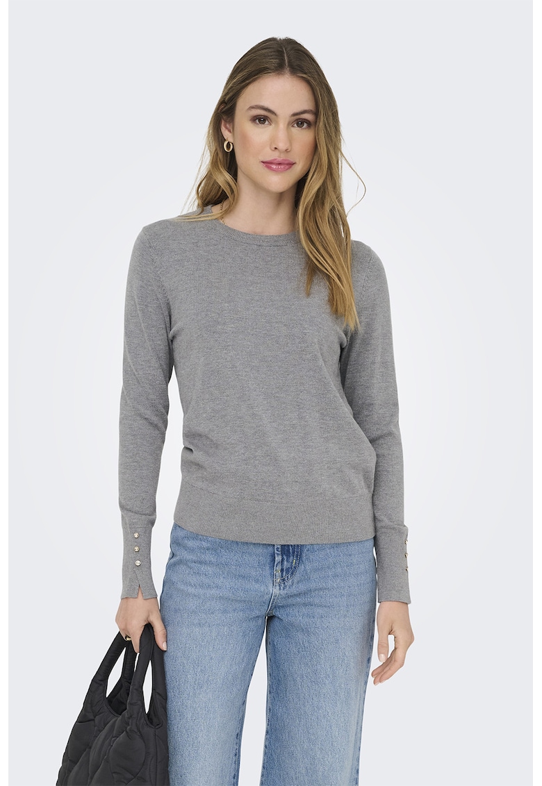 Pulover slim fit cu mansete cu nasturi - Gri deschis melange