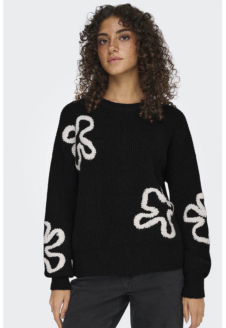 Pulover din amestec de lana cu model floral - Alb/Negru