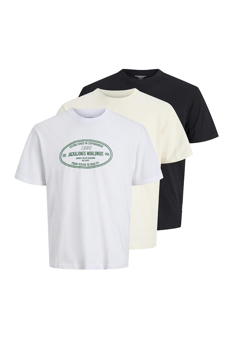 Set de tricouri cu decolteu la baza gatului si imprimeu logo - 3 piese - Negru/Alb optic/Crem