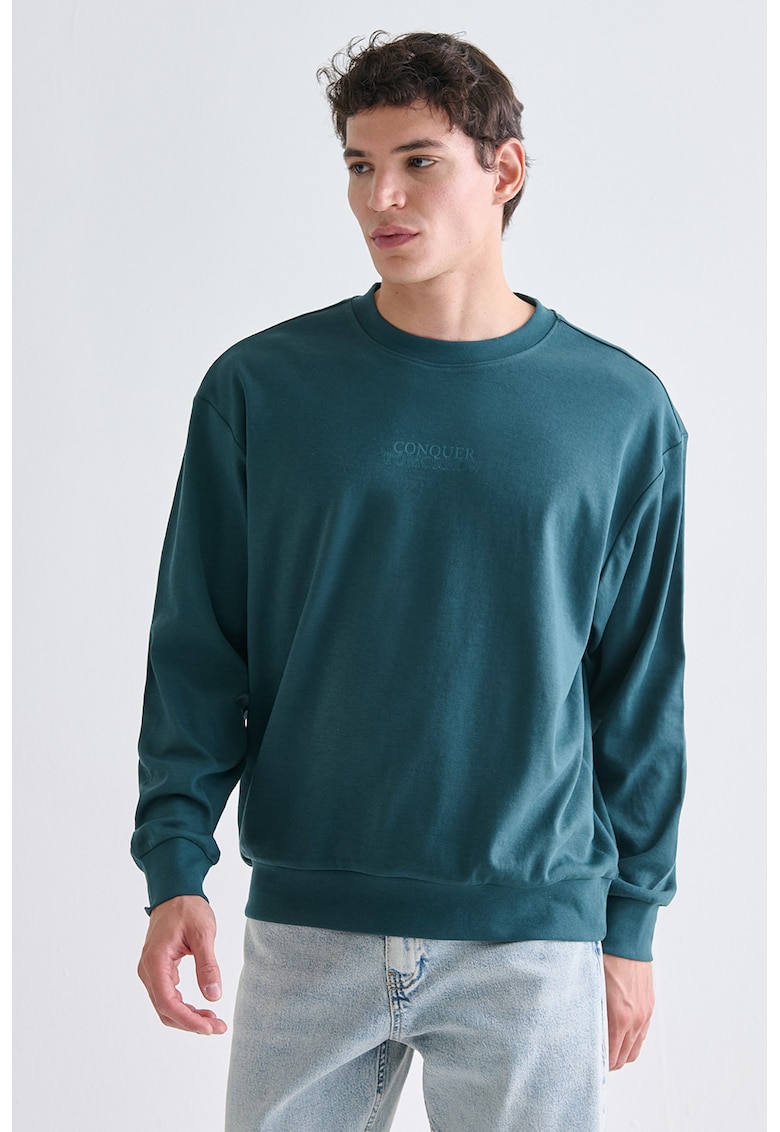Bluza de trening din amestec de bumbac cu imprimeu text - Albastru petrol