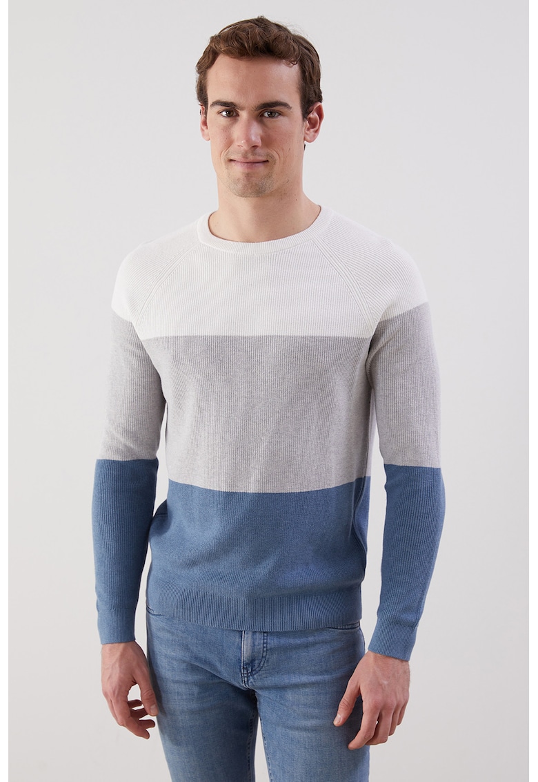 Pulover colorblock de bumbac - Albastru inchis/Alb murdar/Gri deschis melange