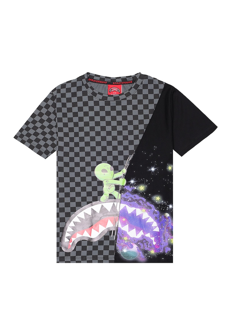 Tricou cu decolteu la baza gatului si model in carouri Cosmic Ray - Negru/Violet deschis/Gri inchis