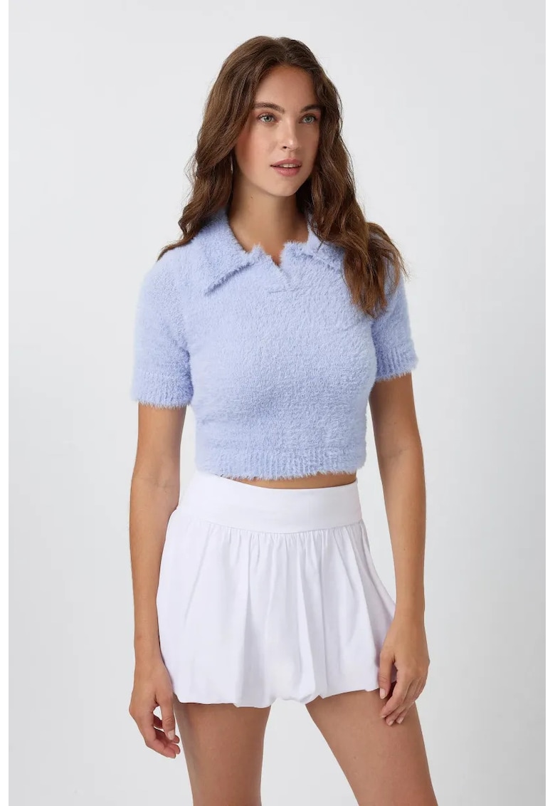 Top tricotat -  top scurt cu guler polo - albastru - tricot - M
