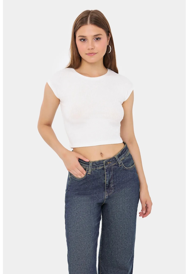 Top dama -  scurt - maneca scurta - alb - bumbac