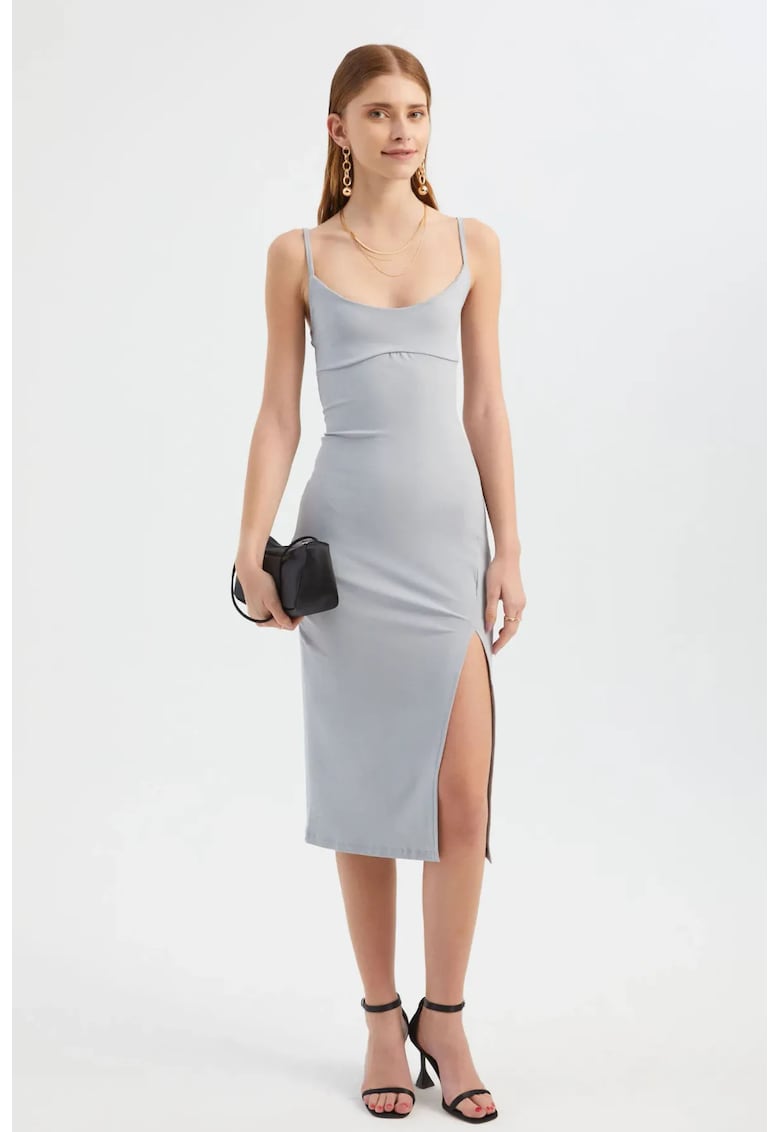 Rochie midi mulata -  decolteu rotund - crapatura laterala - gri - jerseu