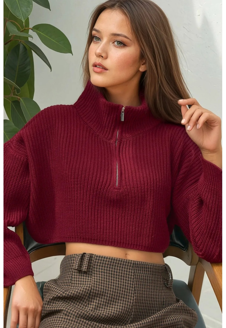 Pulover dama  crop - gros tricotat - guler cu fermoar - tricot - Rosu Burgund -