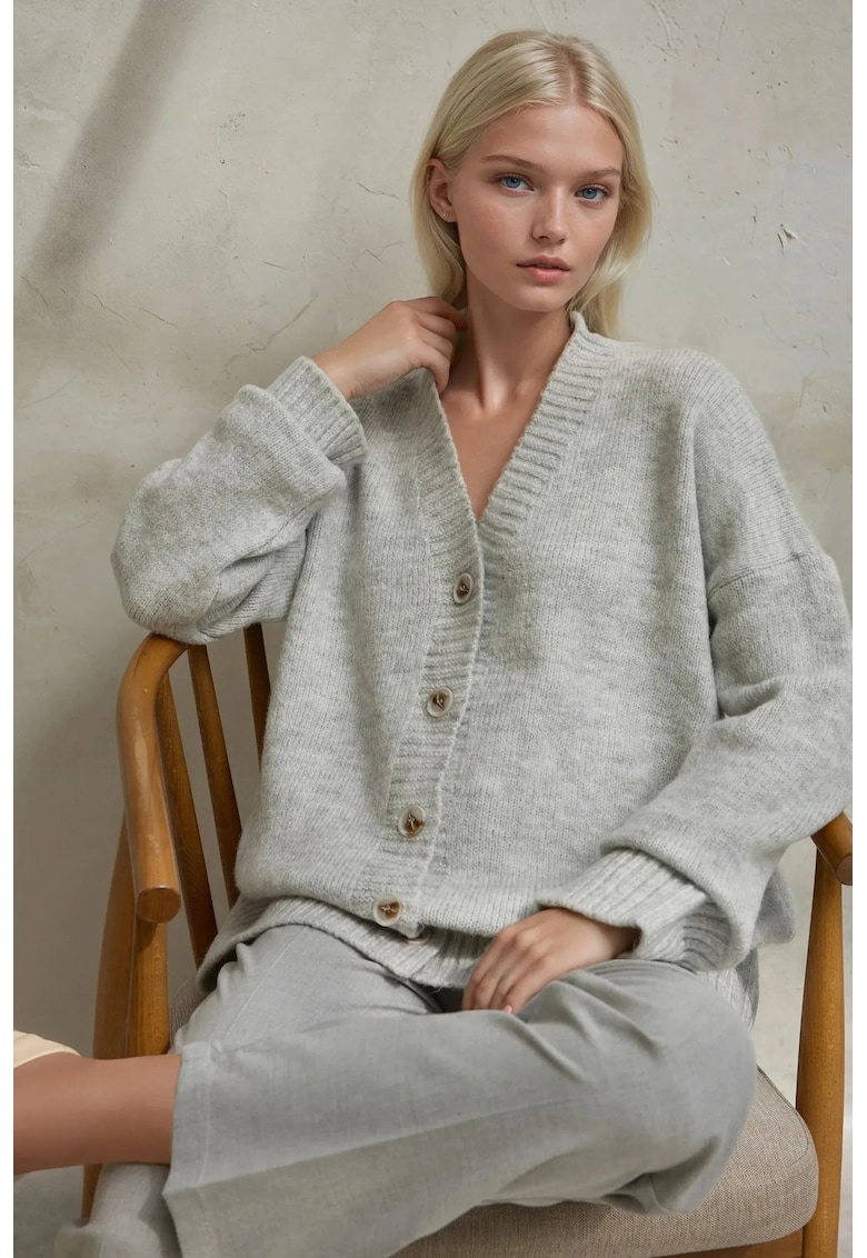 Cardigan tricotat gros -  decolteu in V - tricot - Gri -