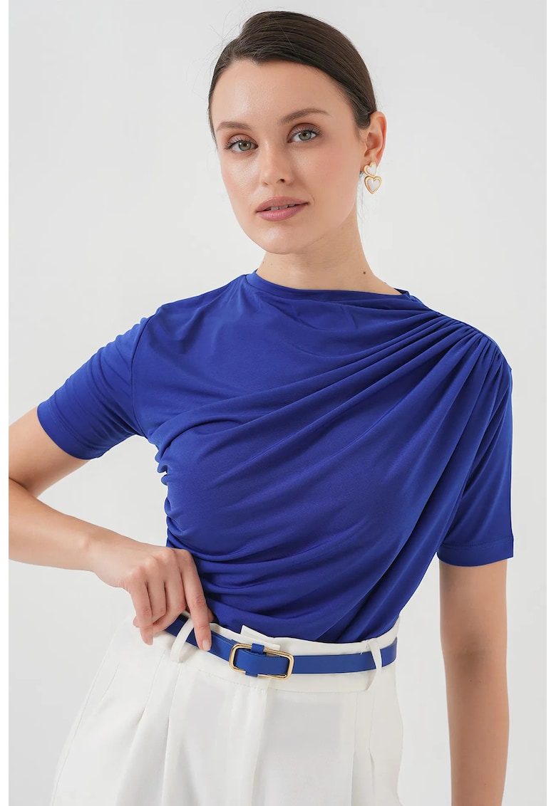 Tricou dama HiCCUP - tricot/elastan - decolteu rotund - detalii cu volane - albastru cobalt -