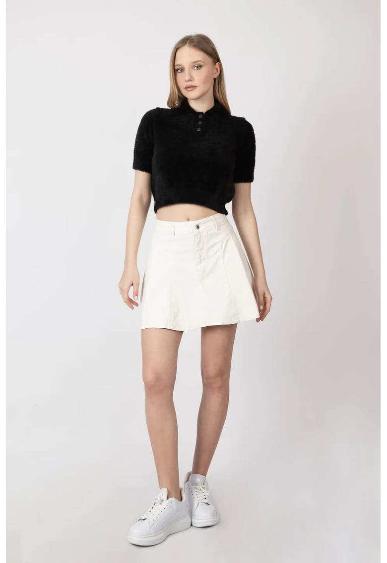 Pulover dama -  pufos - guler camasa - maneca scurta - tricot - Negru -