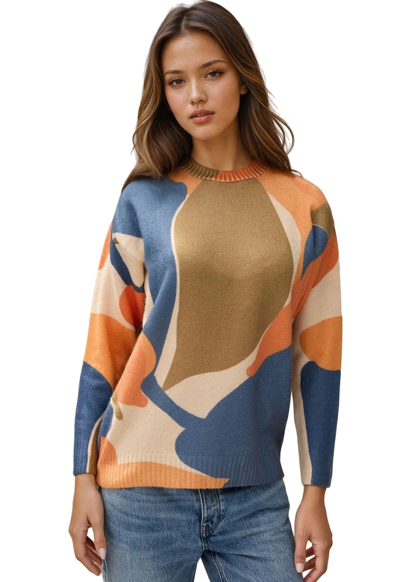Pulover dama -  cu guler rotund - tricot - Portocaliu stralucitor -