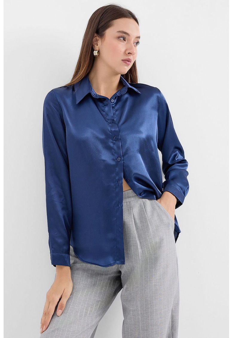 Camasi dama - HiCCUP - camasa cu maneca lunga - satin - bleumarin