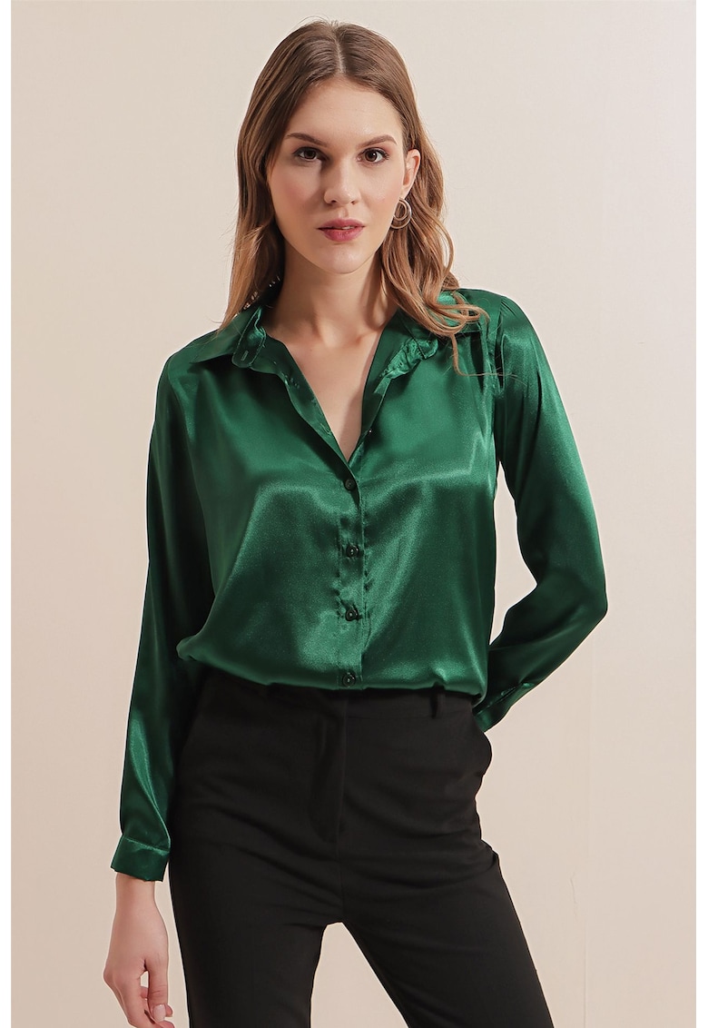 Camasi dama - HiCCUP - camasa cu maneca lunga - verde padure - satin