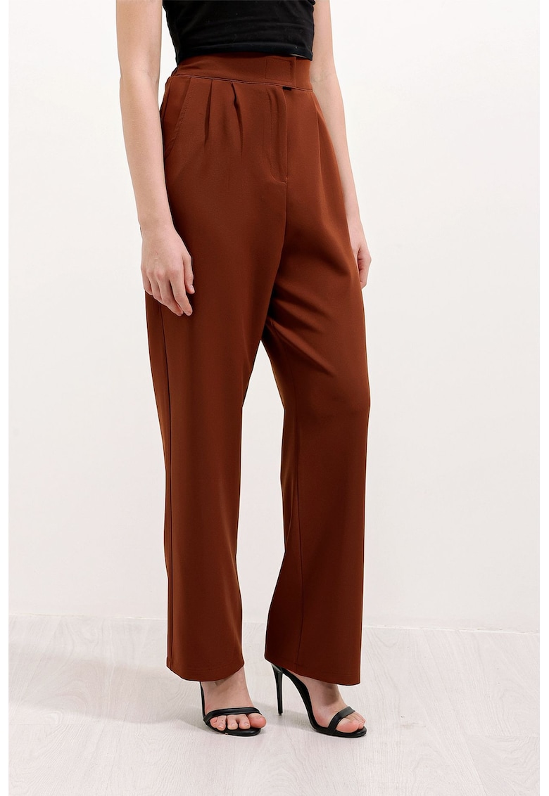 Pantaloni dama - HiCCUP - cu talie inalta - textil - maro scortisoara