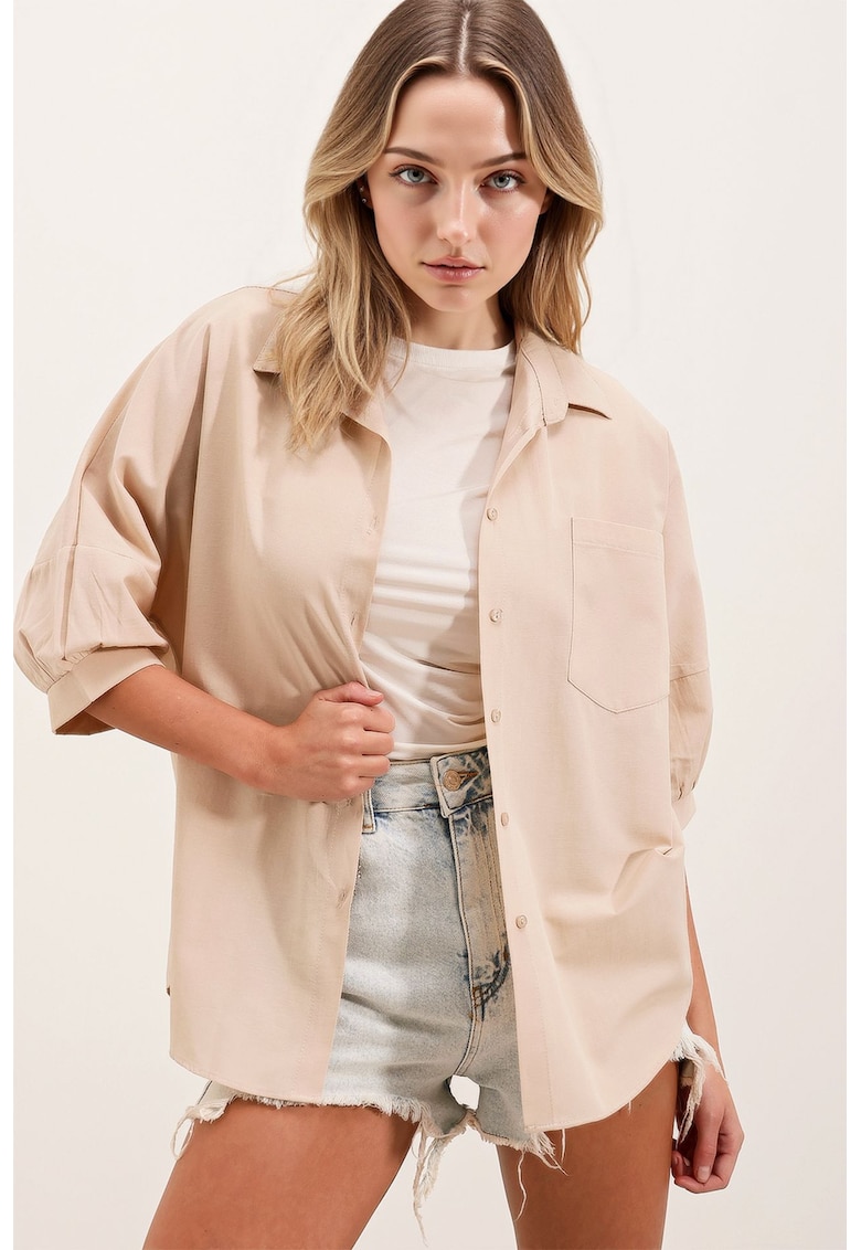 Oferte la Camasi dama - HiCCUP - camasa din poplin - croiala lejera - crem - bumbac