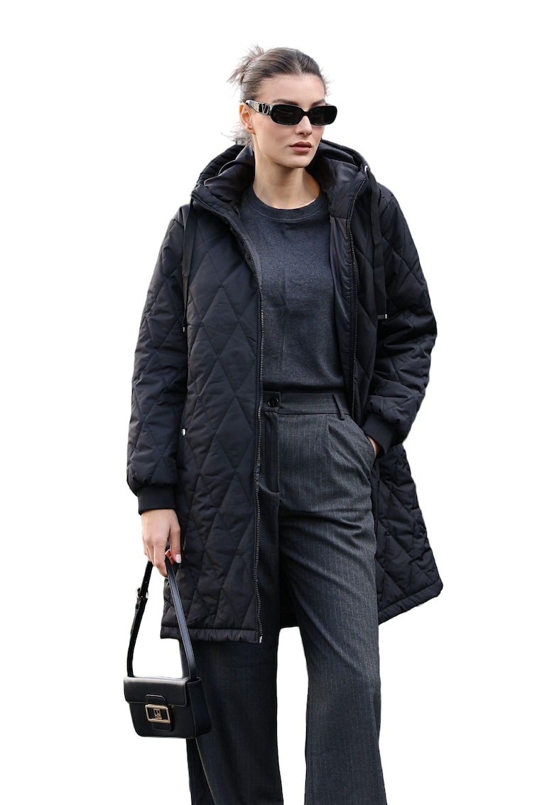 Geaca lunga dama - cu gluga - HiCCUP - textil - negru