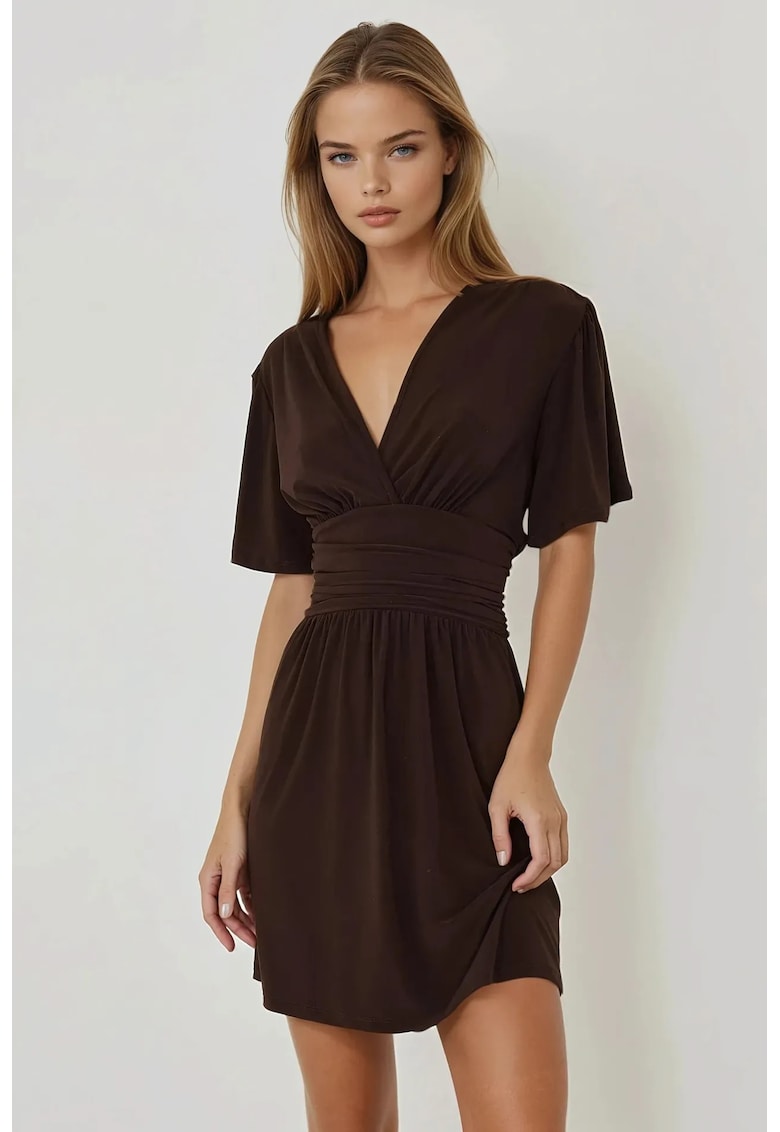 Rochie mini -  decolteu in V - maro - jerseu - Maro