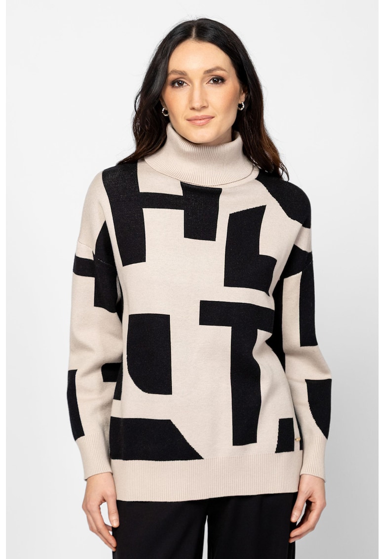 Pulover cu guler inalt si model - Negru/Bej