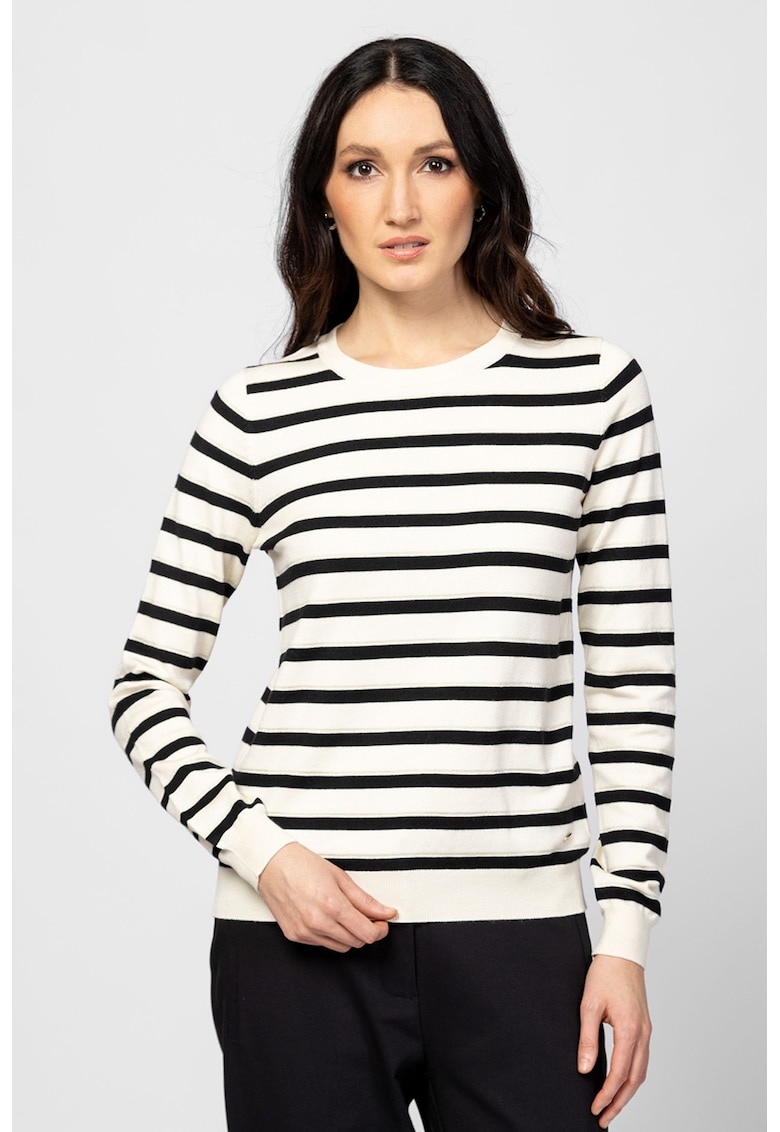 Pulover cu decolteu rotund si model in dungi - Alb fildes/Negru