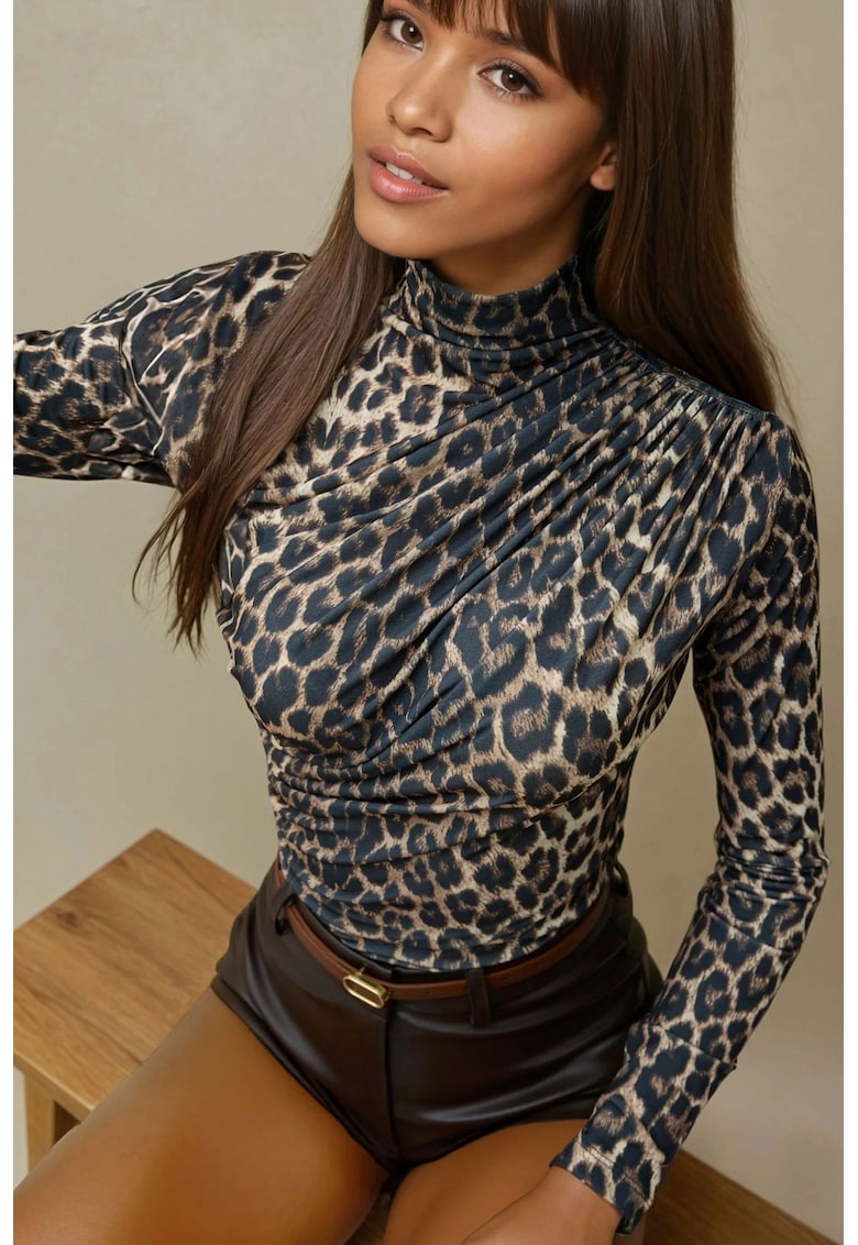 Bluza dama -  guler inalt - imprimeu leopard - maro - jerseu