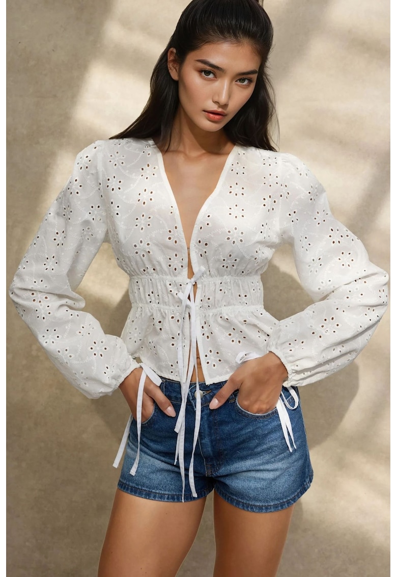Bluza dama -  eleganta texturata - decolteu in V - maneci bufante