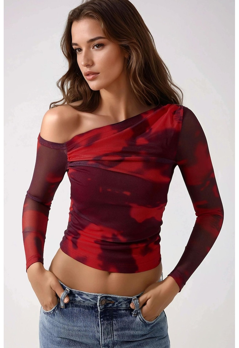 Bluza dama -  din tul cu guler asimetric - rosu - jerseu