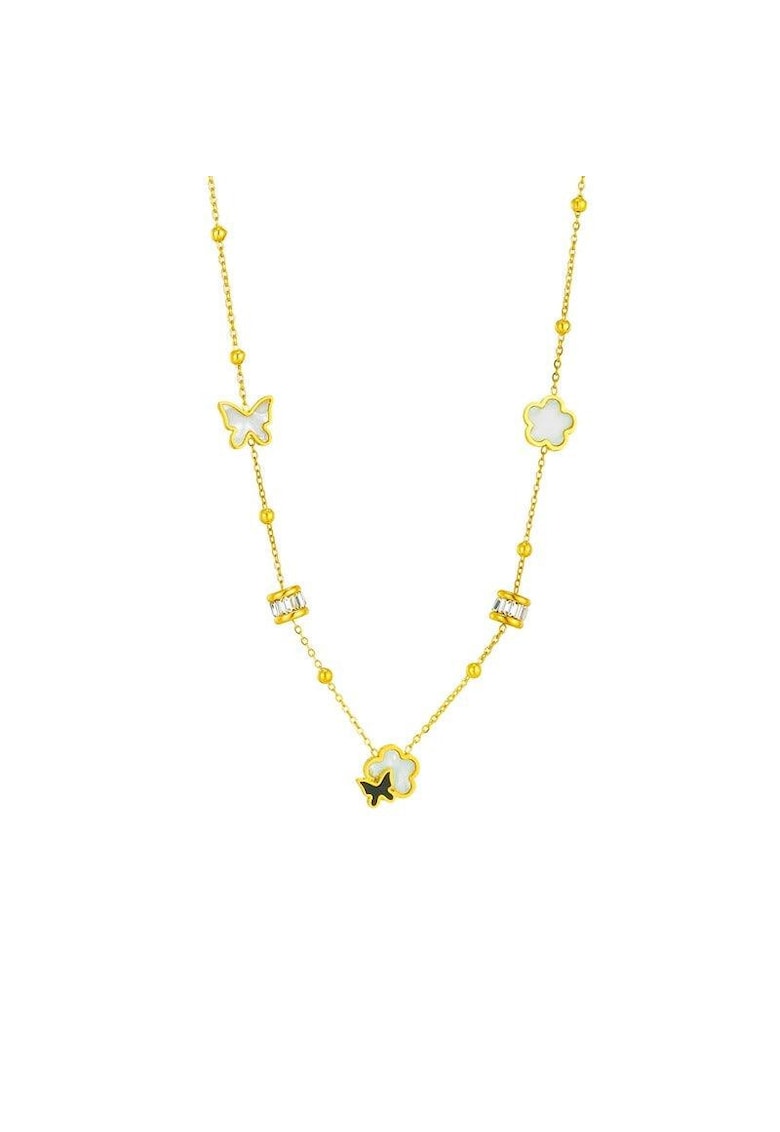 Colier auriu - din otel inoxidabil - suflat cu aur 18k - cu floricele si pietre din zirconiu - Eida C1