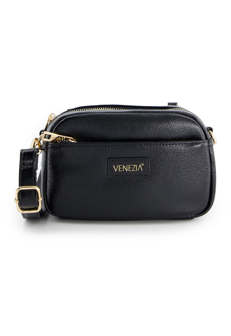 Geanta crossbody  piele lacuita - neagra - 12x20x6cm - cu 2 buzunare interioare - curea detasabila max 128cm