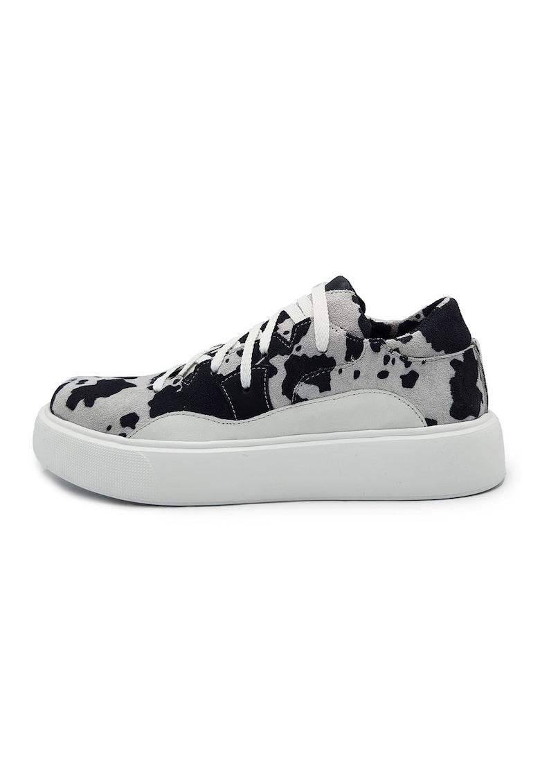 Pantofi sport flatform din piele intoarsa cu animal print - Negru stins/Alb optic