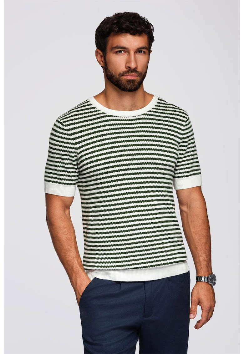 Tricou tricotat cu decolteu la baza gatului - Alb/Verde englez