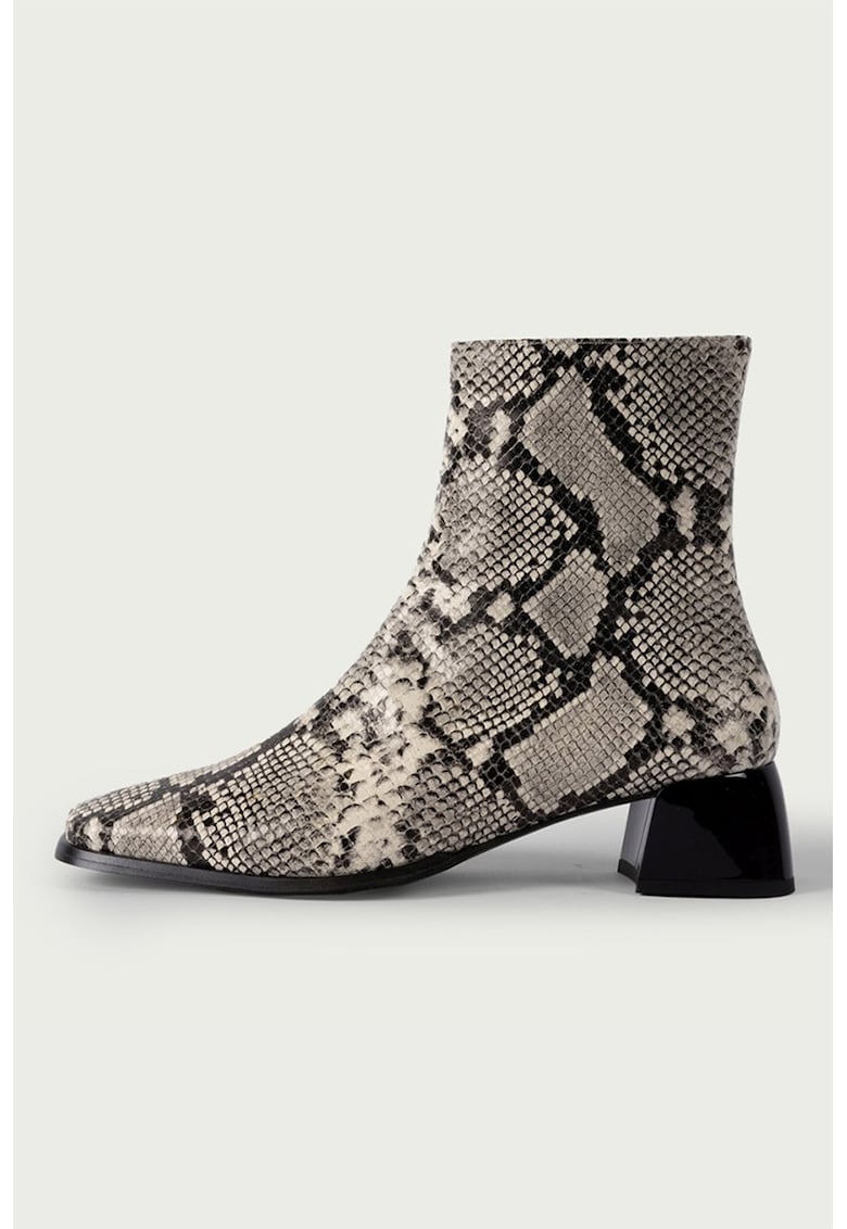 Botine din piele cu imprimeu piele de sarpe - Alb fildes/Negru