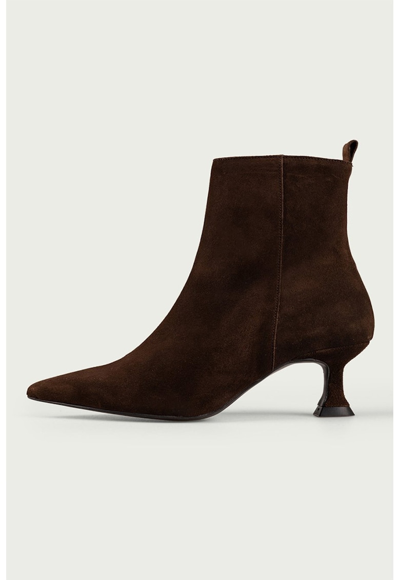 Botine din piele intoarsa cu toc kitten - Maro inchis