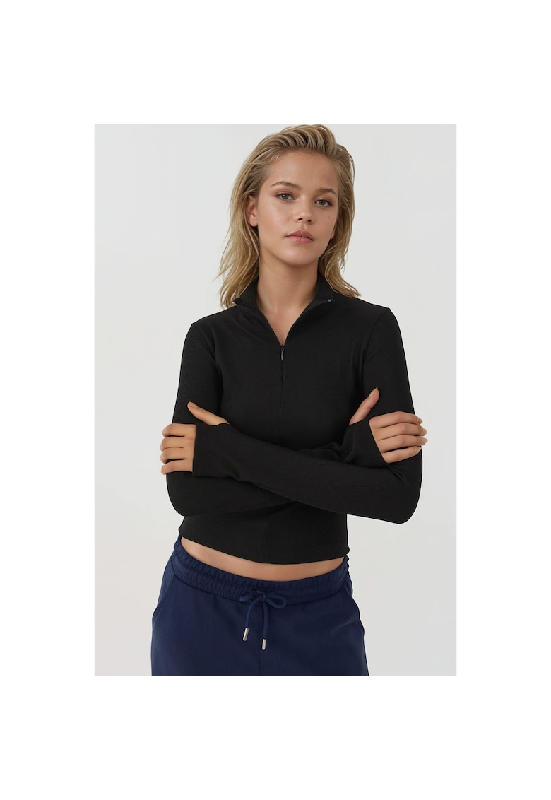 Bluza sport -  polo cu maneca lunga - ajustat - negru - tricot