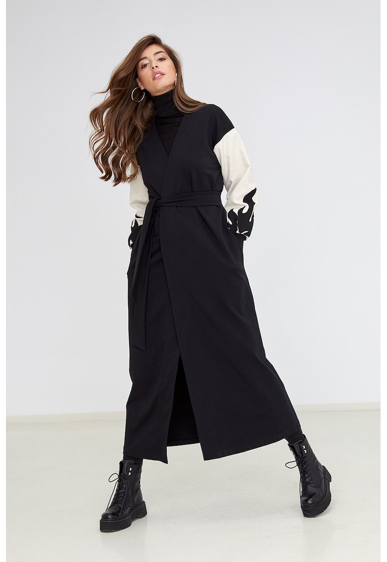 Cardigan lung cu broderii contrastante de catifea Livigno - Negru/Bej