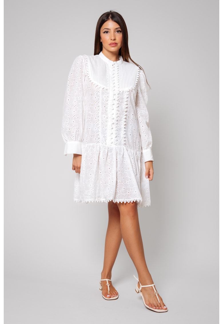 Rochie scurta tip camasa cu broderie White 13139 - Alb optic