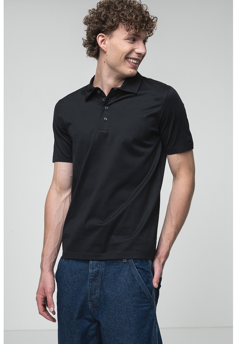 Tricou polo uni cu fenta cu nasturi - Negru