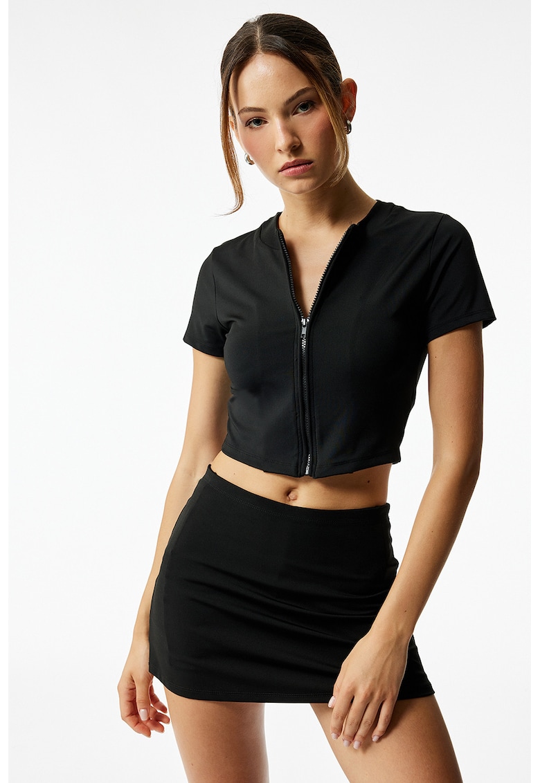 Tricou crop cu fermoar - Negru