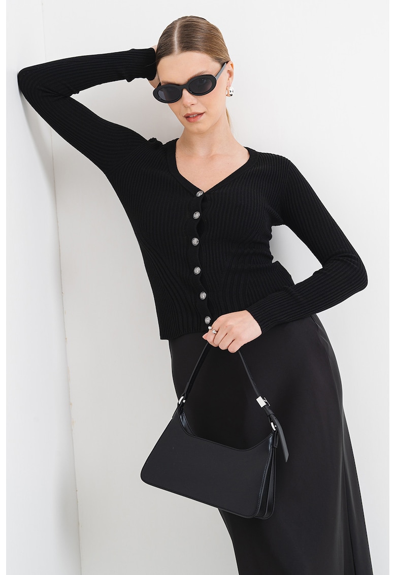 Cardigan cambrat din amestec de casmir si matase - Negru