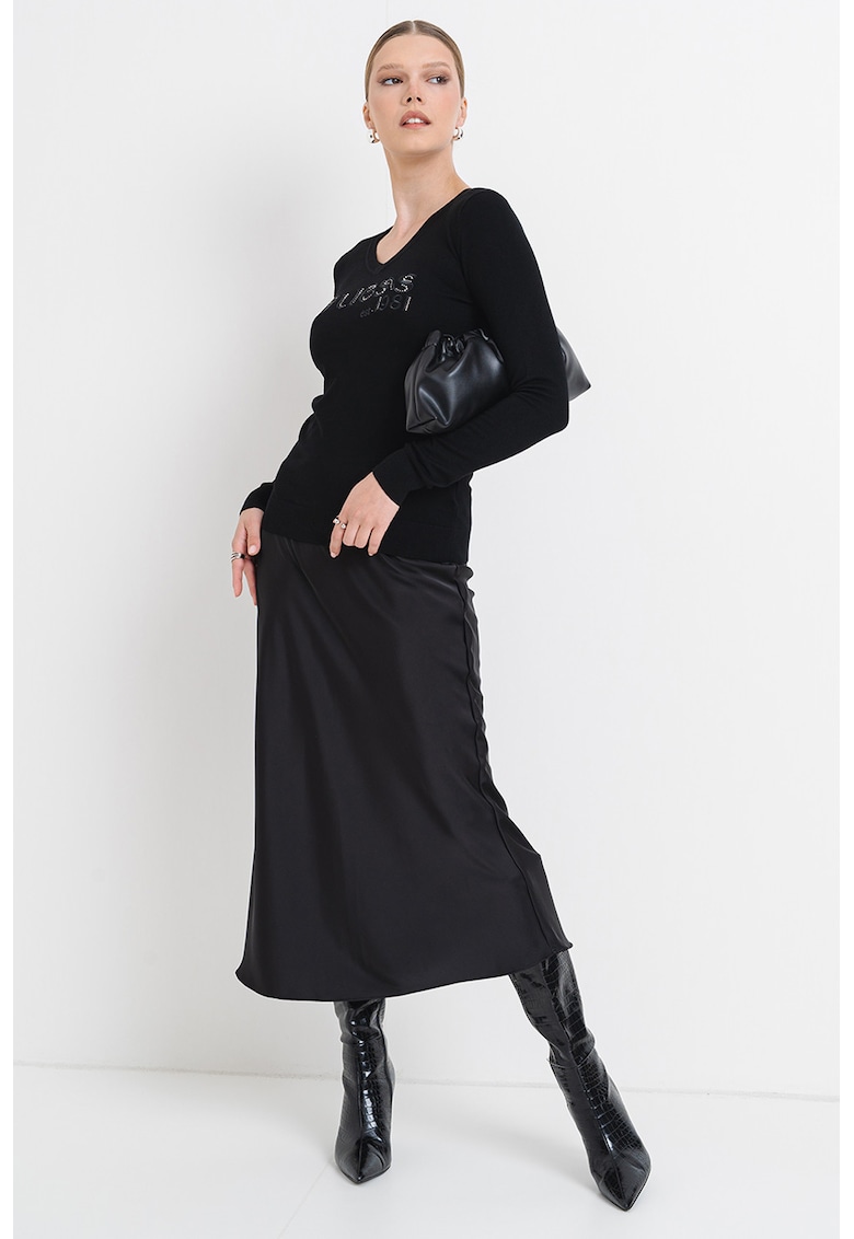 Pulover cu broderie logo si strasuri - Negru