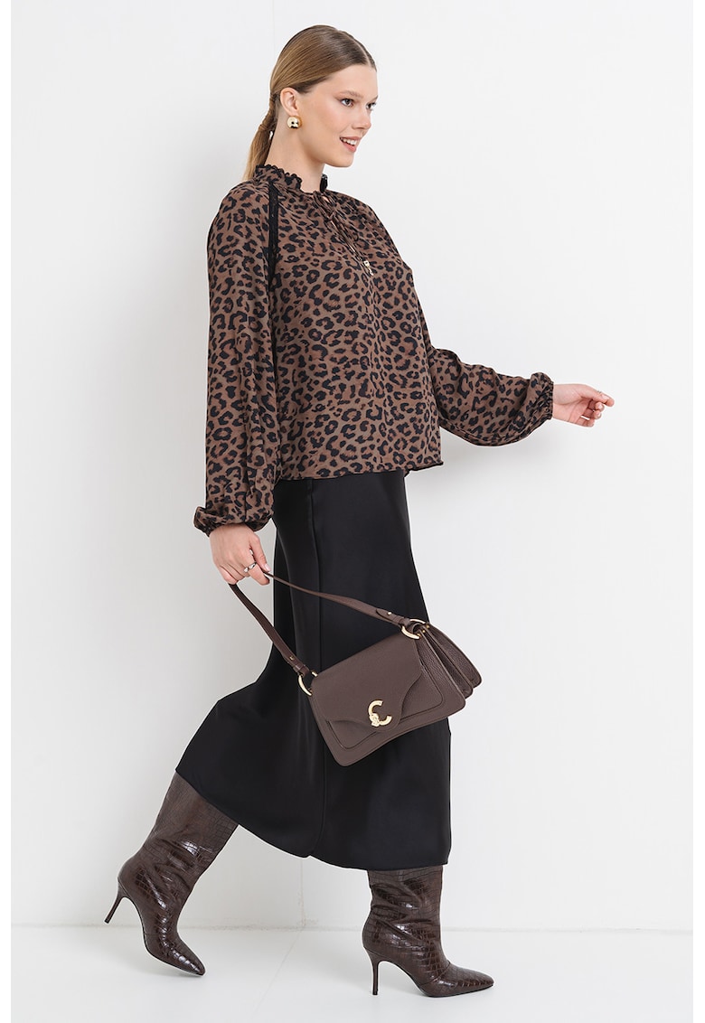 Bluza vaporoasa cu maneci bufante - Negru/Maro/Kaki