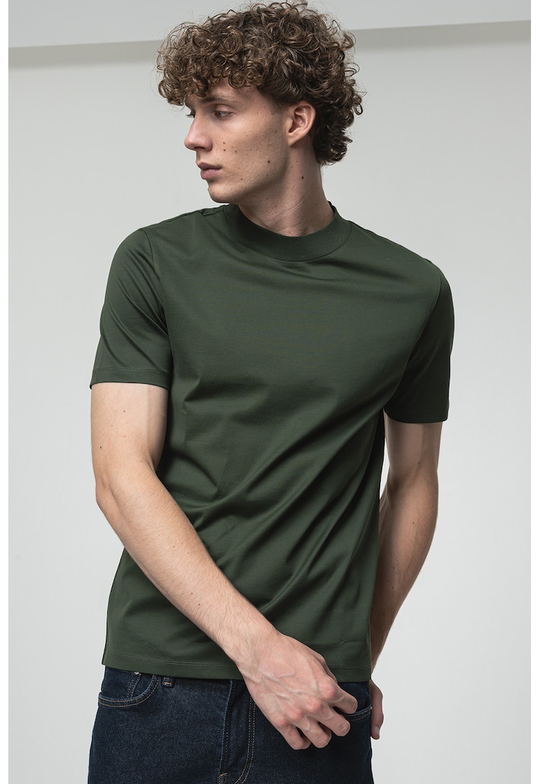 Tricou slim-fit cu guler scurt - Verde padure