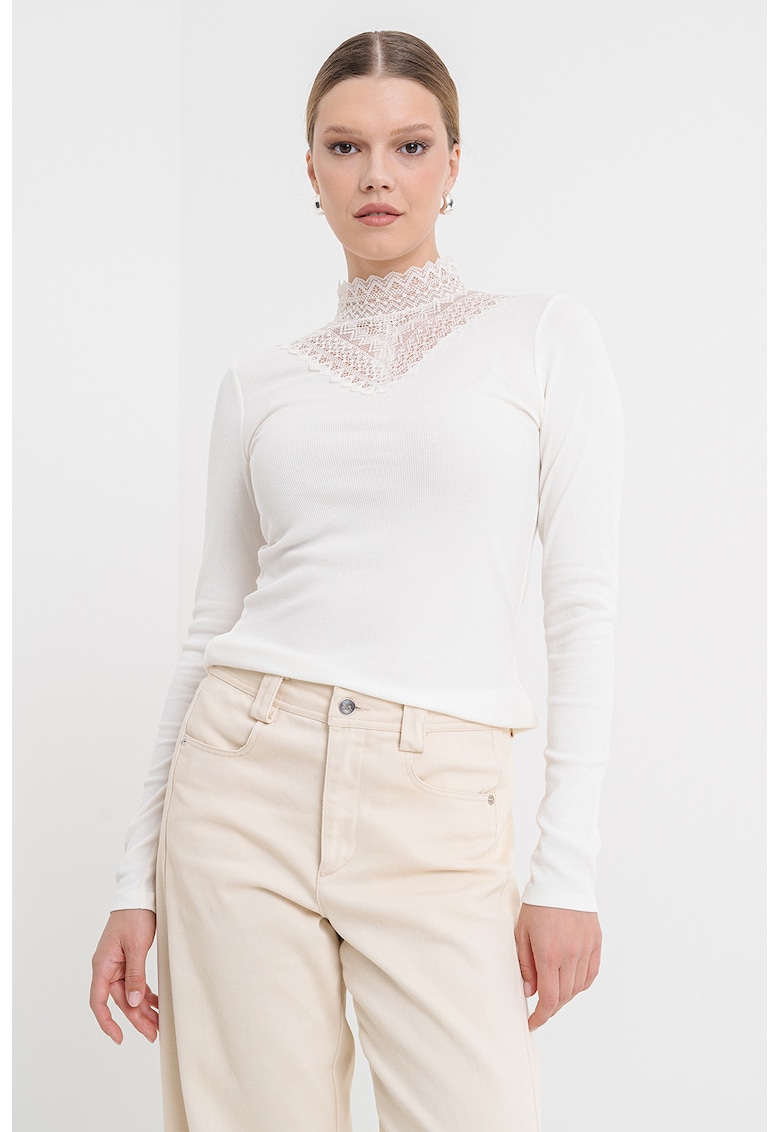 Bluza din amestec de modal cu insertii din dantela - Alb