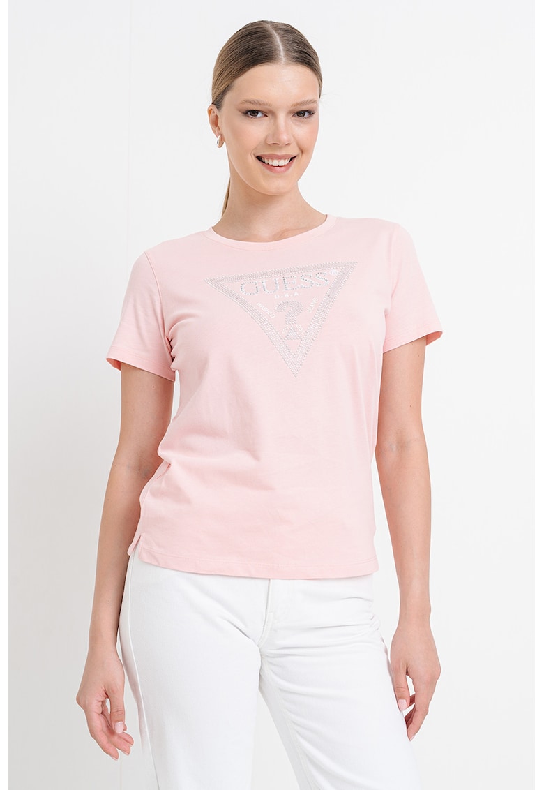 Tricou cu decolteu rotund si logo cu strasuri - Alb/Roz pastel/Argintiu