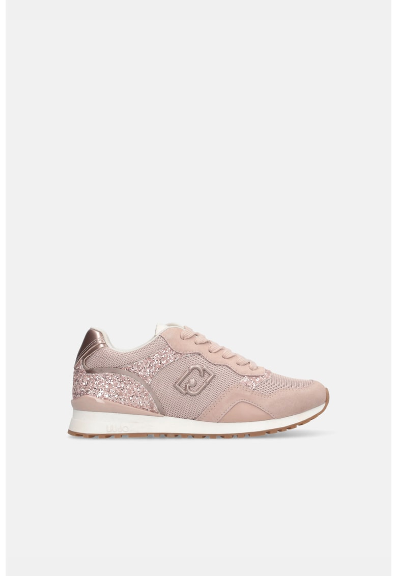 Pantofi sport de piele intoarsa si material textil cu detalii cu aspect stralucitor - Roz
